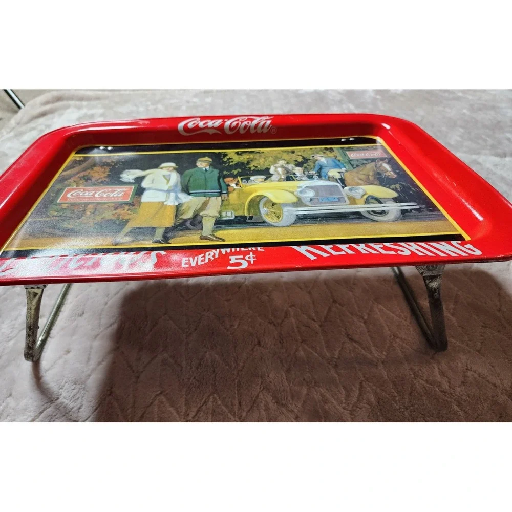 Coca-Cola Metal Serving Lap Tray 1987 Touring Car Vintage Red Soda Collectible
